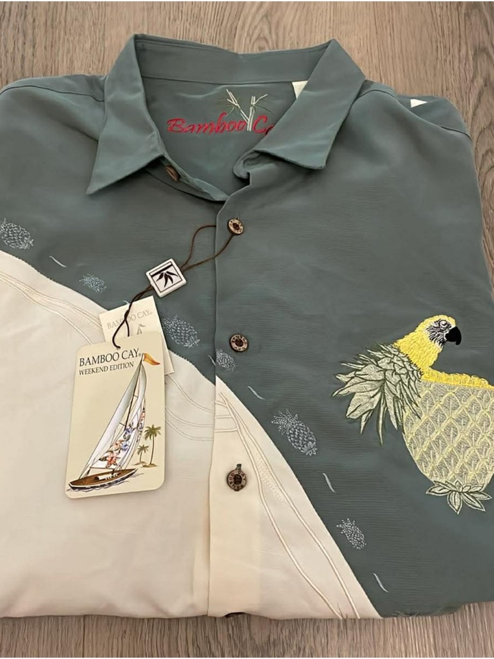 Bamboo Cay Short Sleeve Button-Up Shirt with Parrot Embroidery - Teal & Cream XL